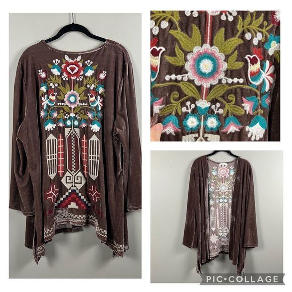 Sweaters - Boho chocolate brown velour wide sleeve embroidered open front kimono